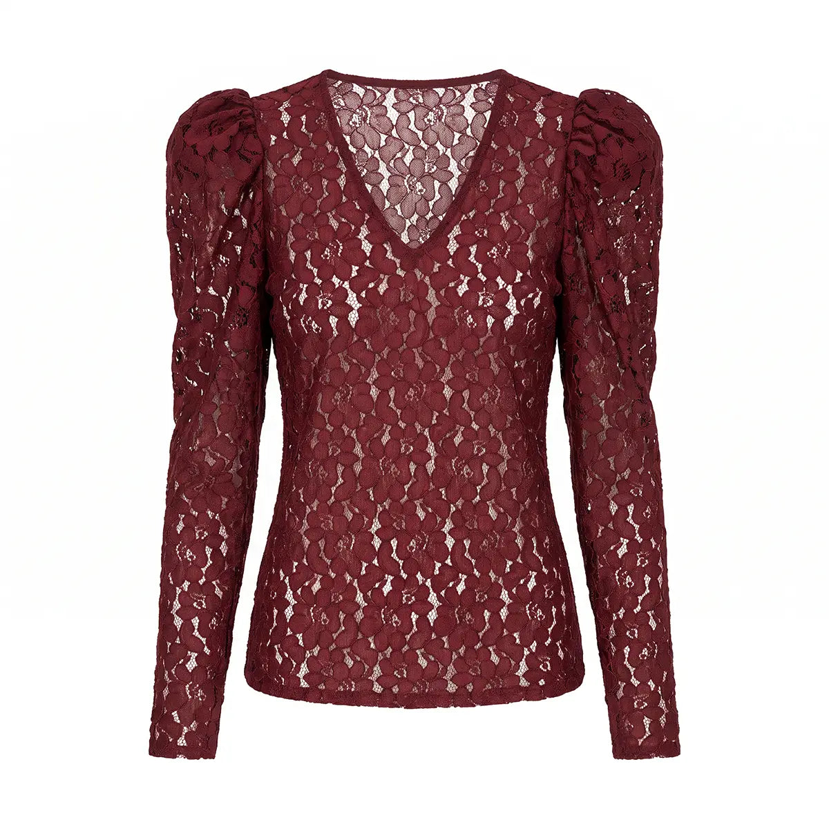 EGLE, camicia in pizzo bordeaux con scollo a V e spalle arricciate.