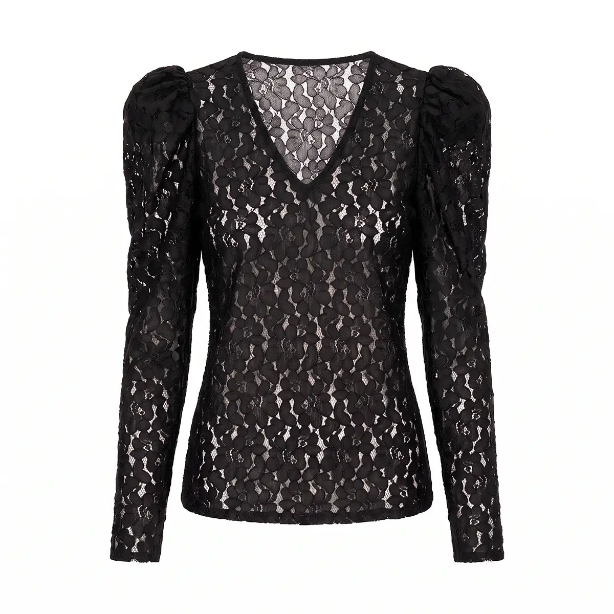 EGLE, camicia in pizzo nero con scollo a V e spalle arricciate.