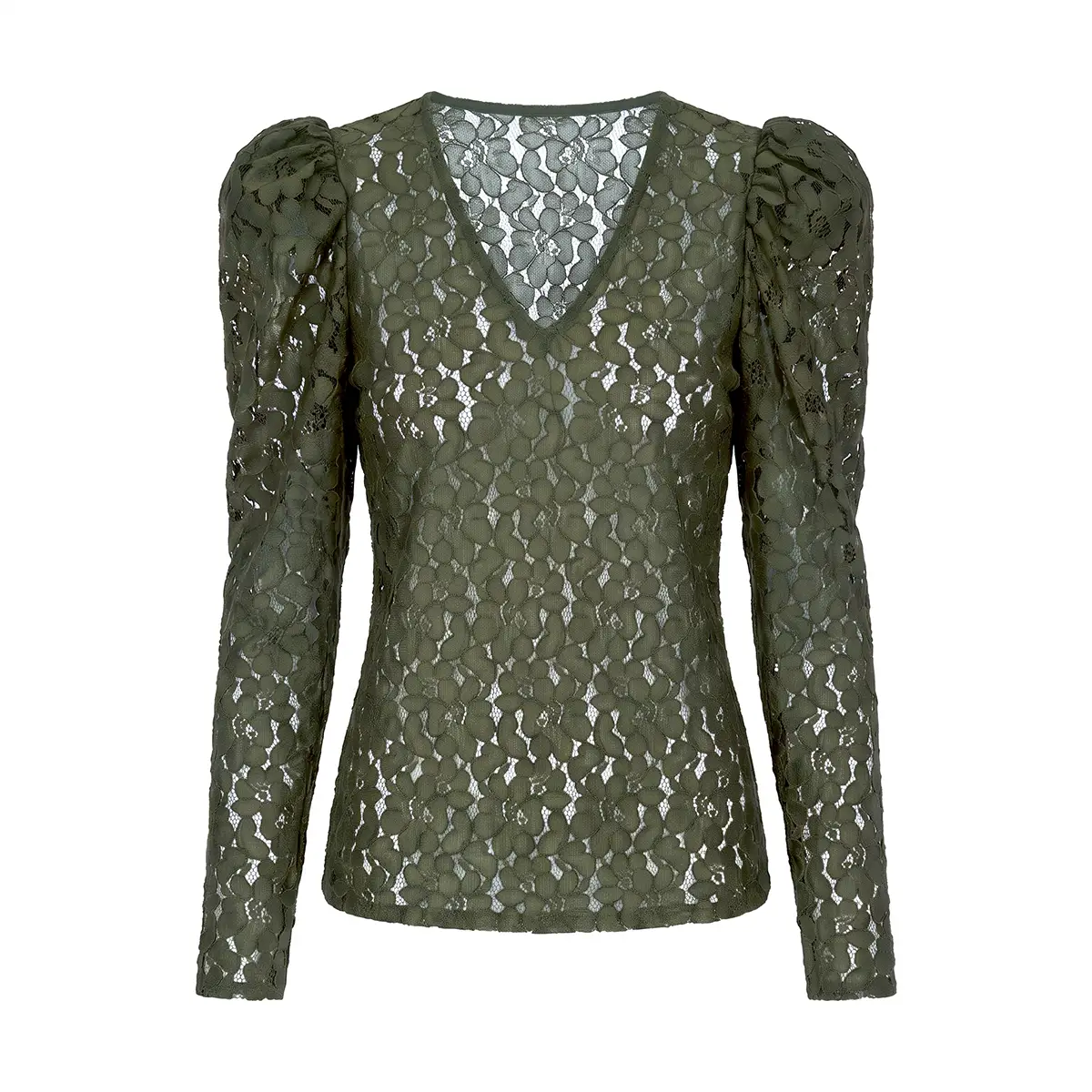 EGLE, camicia in pizzo verde con scollo a V e spalle arricciate.