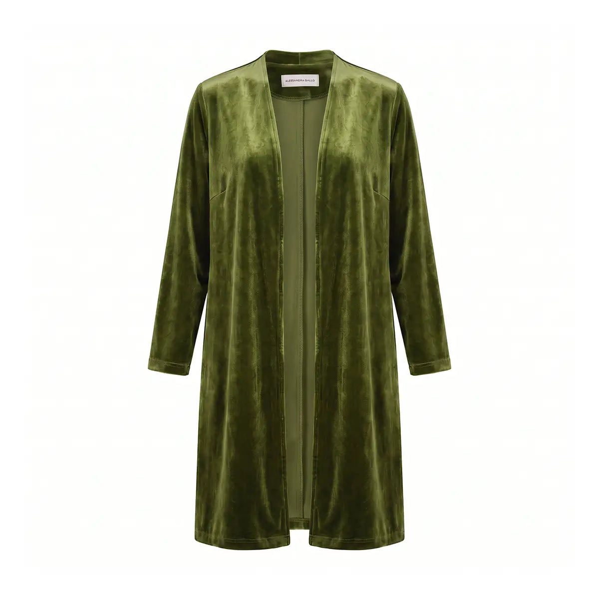 ELEONORA, spolverino lungo in ciniglia verde con apertura sul davanti e maniche lunghe.