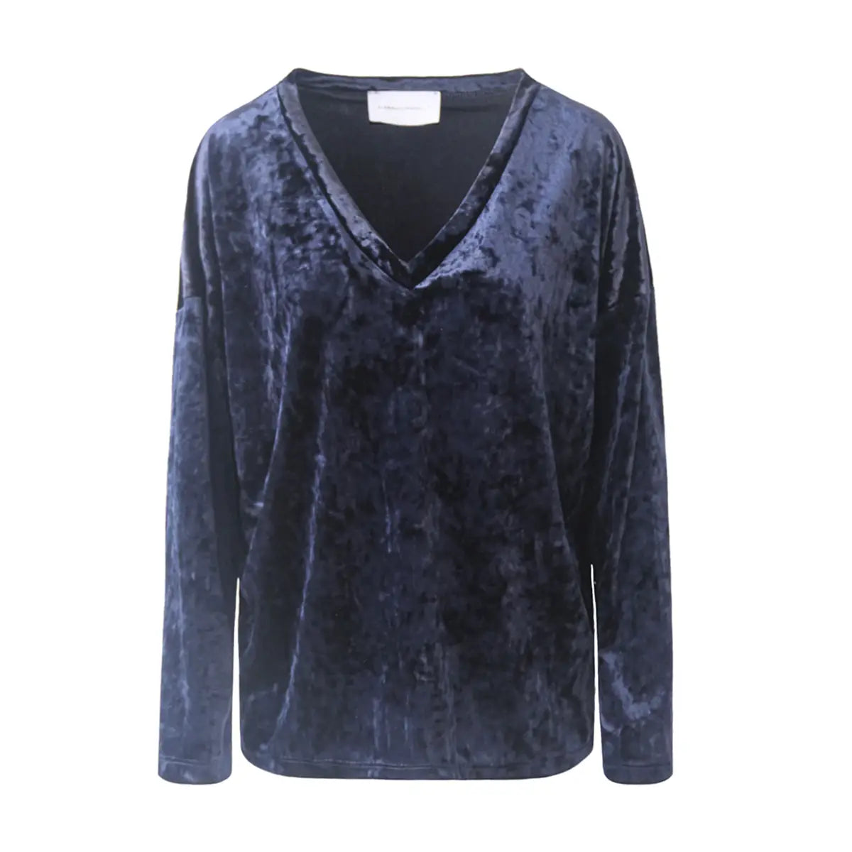 felpa over EVA di Alessandra Gallo in ciniglia martellata blu con scollo a V e maniche lunghe - vista frontale -  Day&Night collection