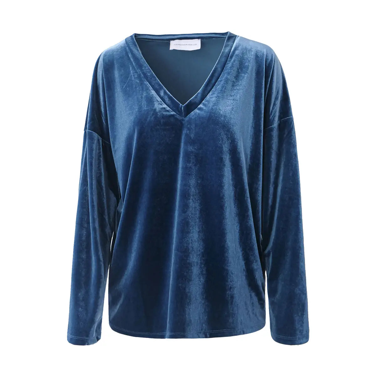 felpa over EVA di Alessandra Gallo in ciniglia ottanio con scollo a V e maniche lunghe - vista frontale -  Day&Night collection