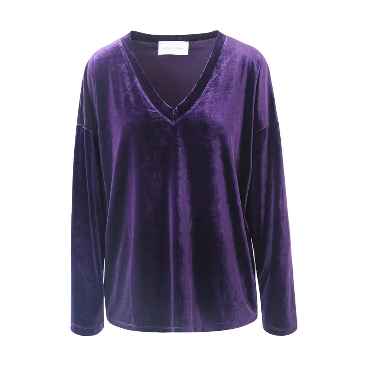 felpa over EVA di Alessandra Gallo in ciniglia viola con scollo a V e maniche lunghe - vista frontale - Day&Night collection