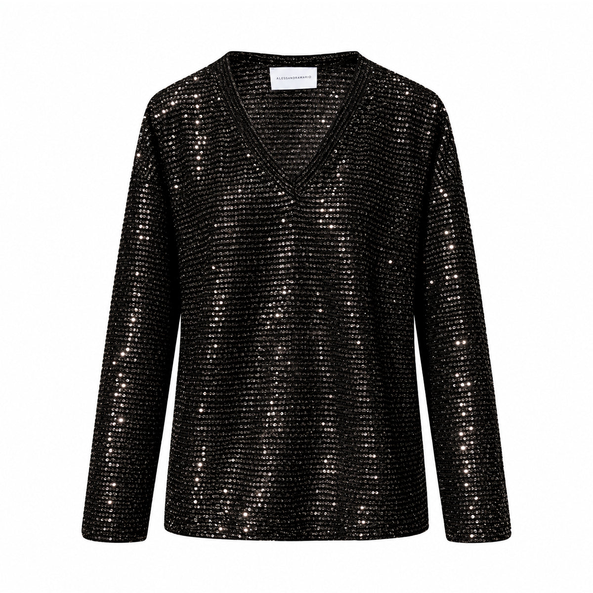 EVA, felpa in paillettes nere con scollo a V e maniche lunghe.