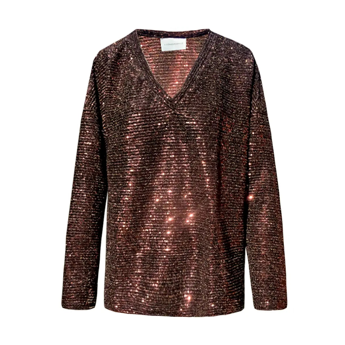 felpa over di Alessandra Gallo in paillettes marrone a V con maniche lunghe - vista frontale - The Light Collection