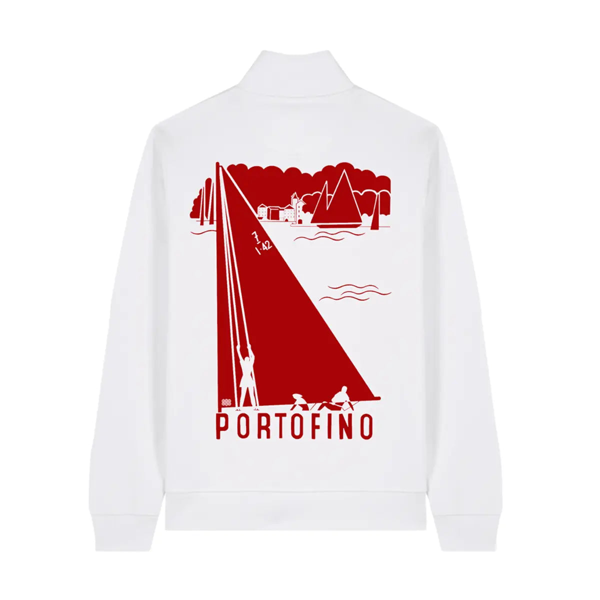 Felpa Portofino bianca con zip, vista del lato con stampa rossa.