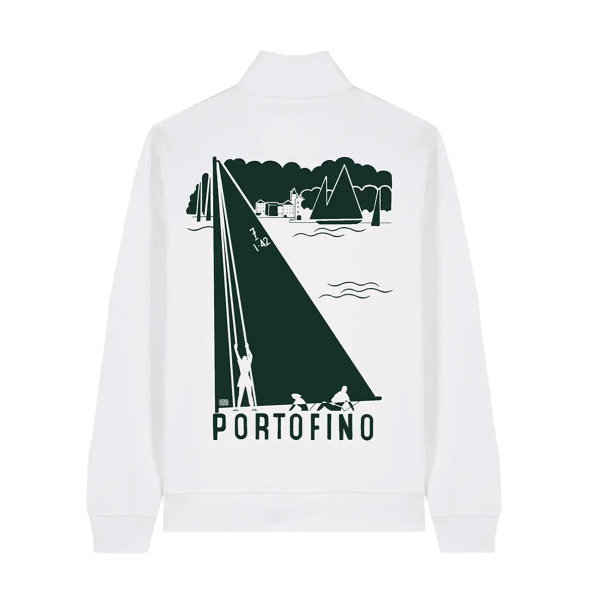 Felpa Portofino bianca con zip, vista del lato con stampa verde.
