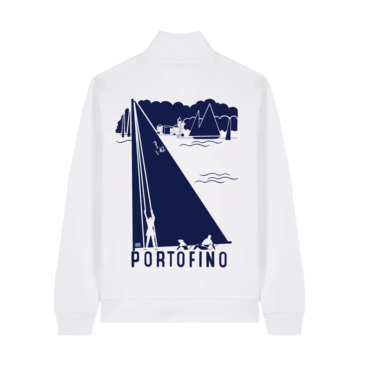 Felpa Portofino di Alessandra Gallo in cotone biologico bianca con stampa blu con manica lunga, lupetto e zip a 3/4 - vista posteriore - Cabina 42 Collection 