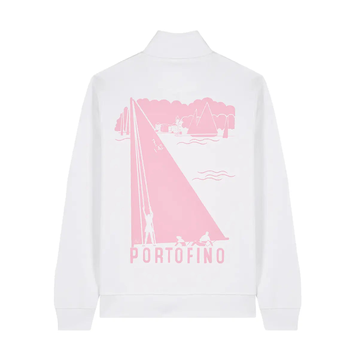 Felpa Portofino di Alessandra Gallo in cotone biologico bianca con stampa rosa con manica lunga, lupetto e zip a 3/4 - vista posteriore - Cabina 42 Collection 