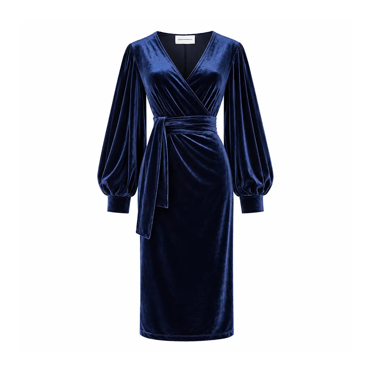 FIAMMA, abito midi in ciniglia blu con scollo incrociato e cintura in vita.
