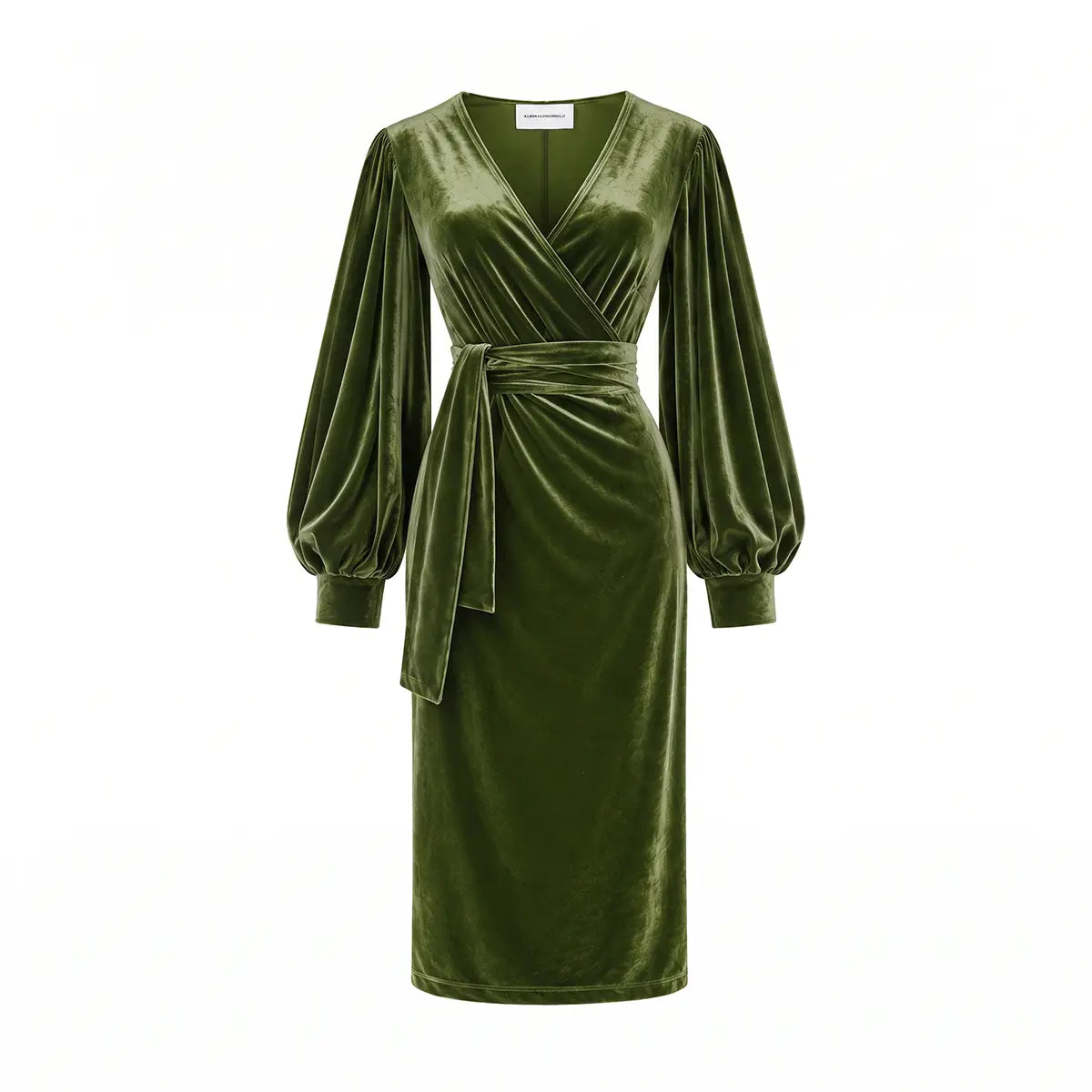 FIAMMA, abito midi in ciniglia verde con scollo incrociato e cintura in vita.