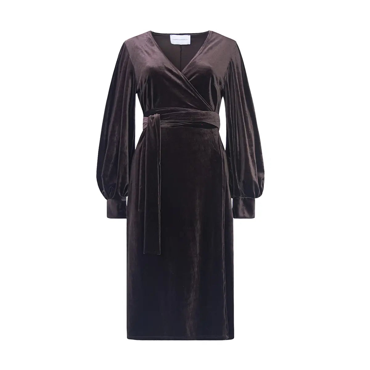 abito midi FIAMMA di Alessandra Gallo in ciniglia marrone con maniche ampie, chiusura a portafoglio e scollo a V - vista frontale - day&night collection