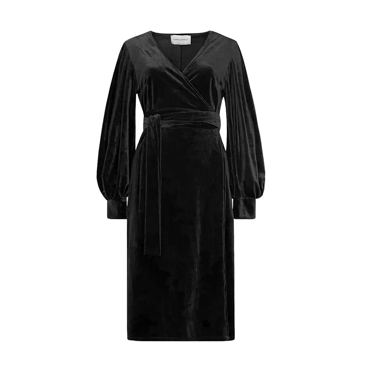 abito midi FIAMMA di Alessandra Gallo in ciniglia nero con maniche ampie, chiusura a portafoglio e scollo a V - vista frontale - day&night collection