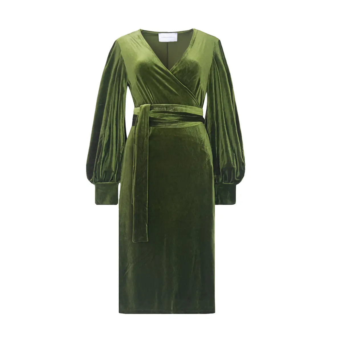 abito midi FIAMMA di Alessandra Gallo in ciniglia verde con maniche ampie, chiusura a portafoglio e scollo a V - vista frontale - day&night collection