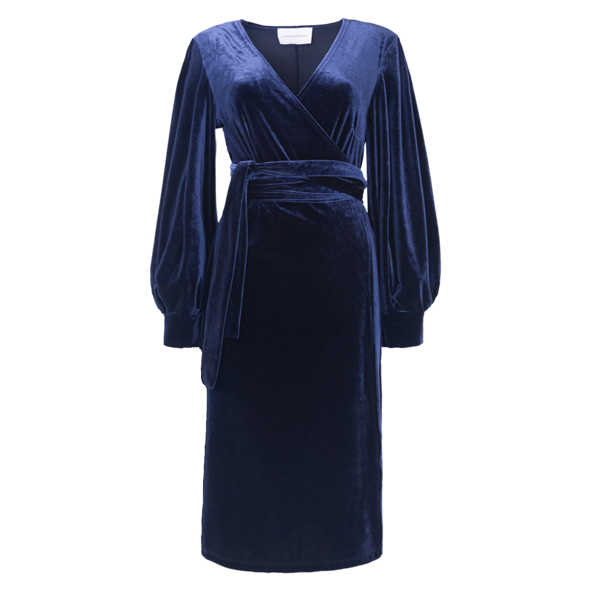 FIAMMA abito midi di Alessandra Gallo in ciniglia blu con maniche ampie e chiusura a portafoglio - vista frontale - day&night collection