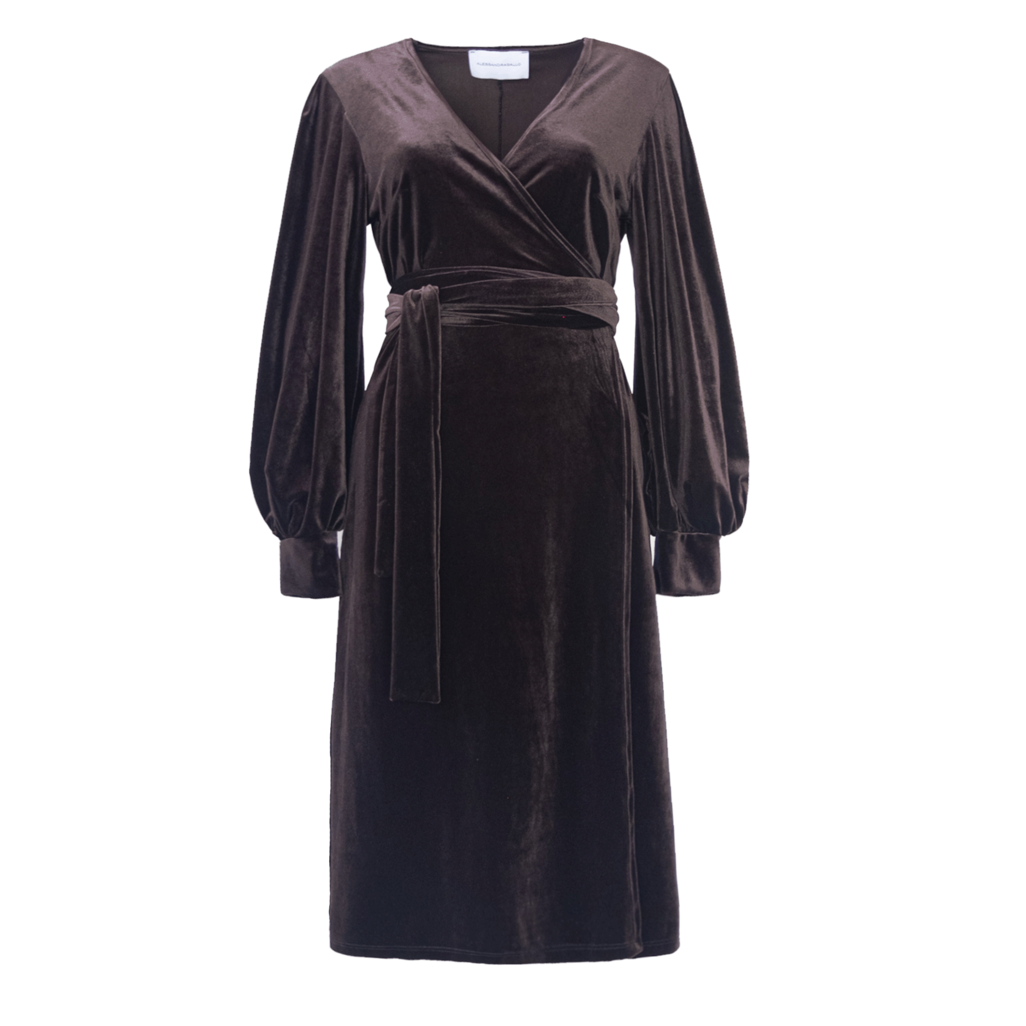 FIAMMA abito midi di Alessandra Gallo in ciniglia marrone con maniche ampie, chiusura a portafoglio e scollo a V - vista frontale - day&night collection