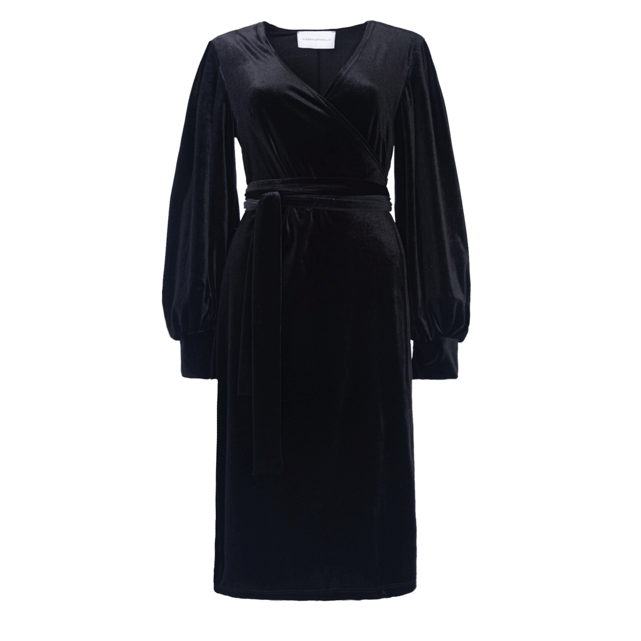 FIAMMA abito midi di Alessandra Gallo in ciniglia nera con maniche ampie, chiusura a portafoglio, scollo a V - vista frontale - day&night collection