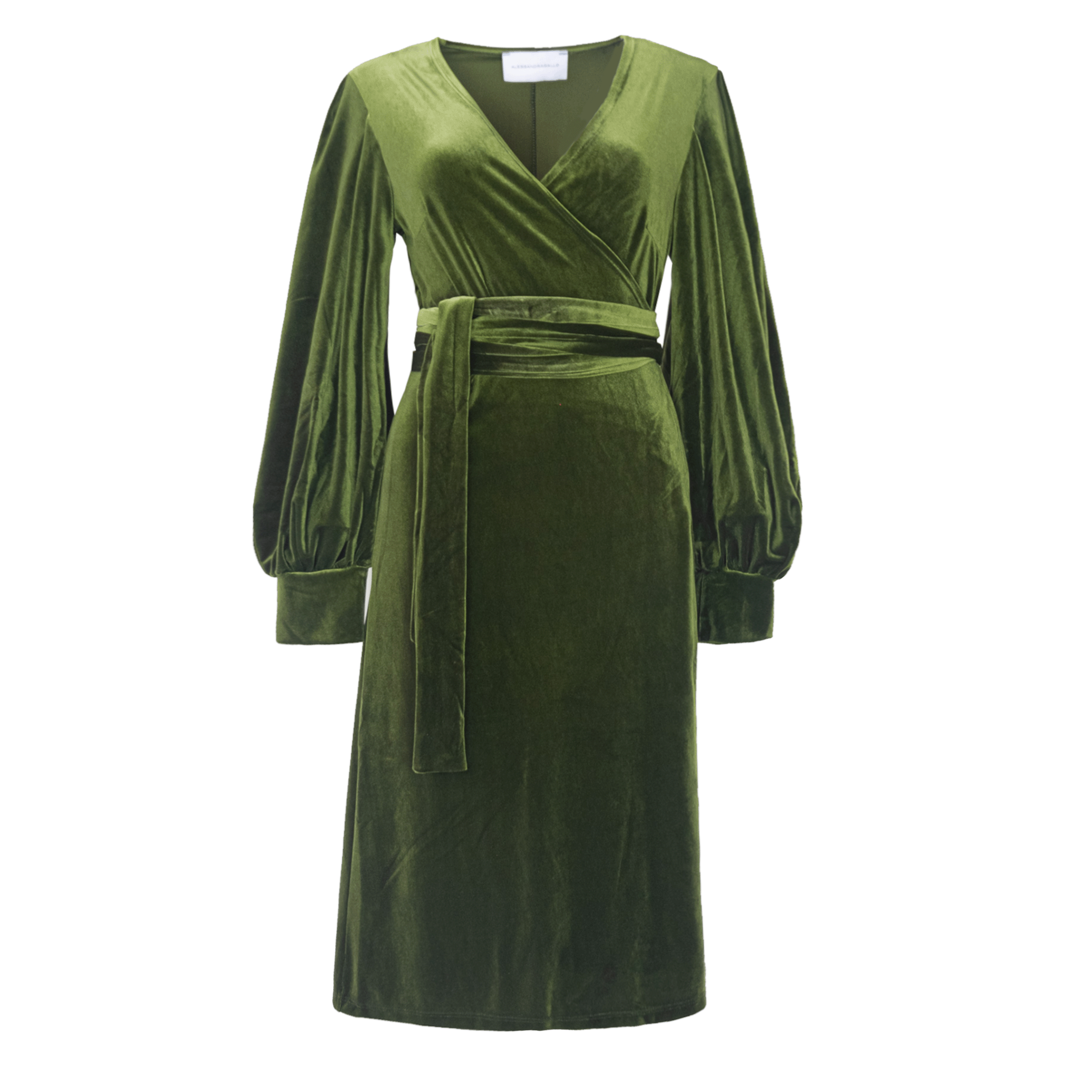 FIAMMA abito midi di Alessandra Gallo in ciniglia verde con maniche ampie, chiusura a portafoglio e scollo a V - vista frontale - day&night collection