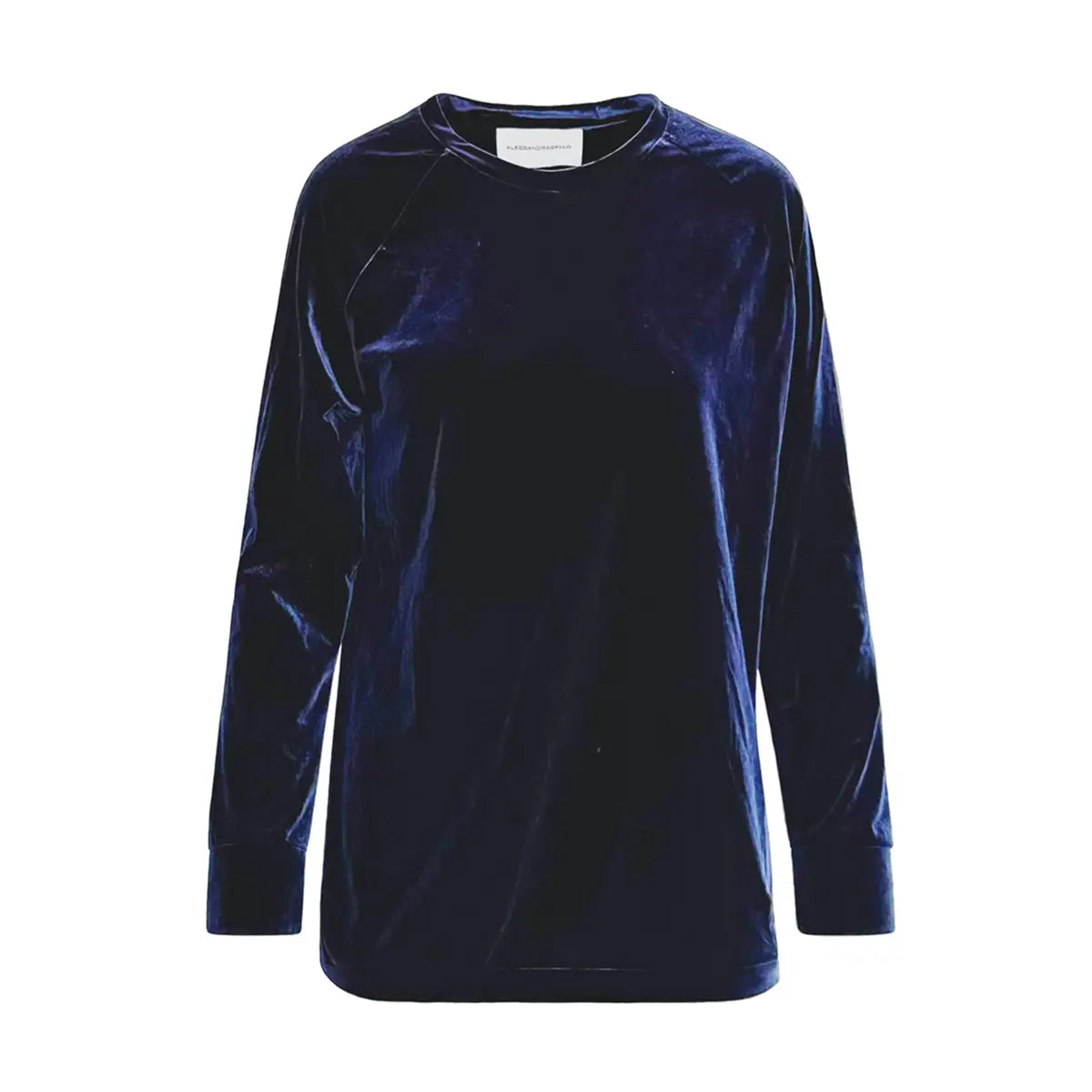 Felpa a girocollo FLORA di Alessandra Gallo in ciniglia blu con maniche lunghe - vista frontale - Day&Night Collection