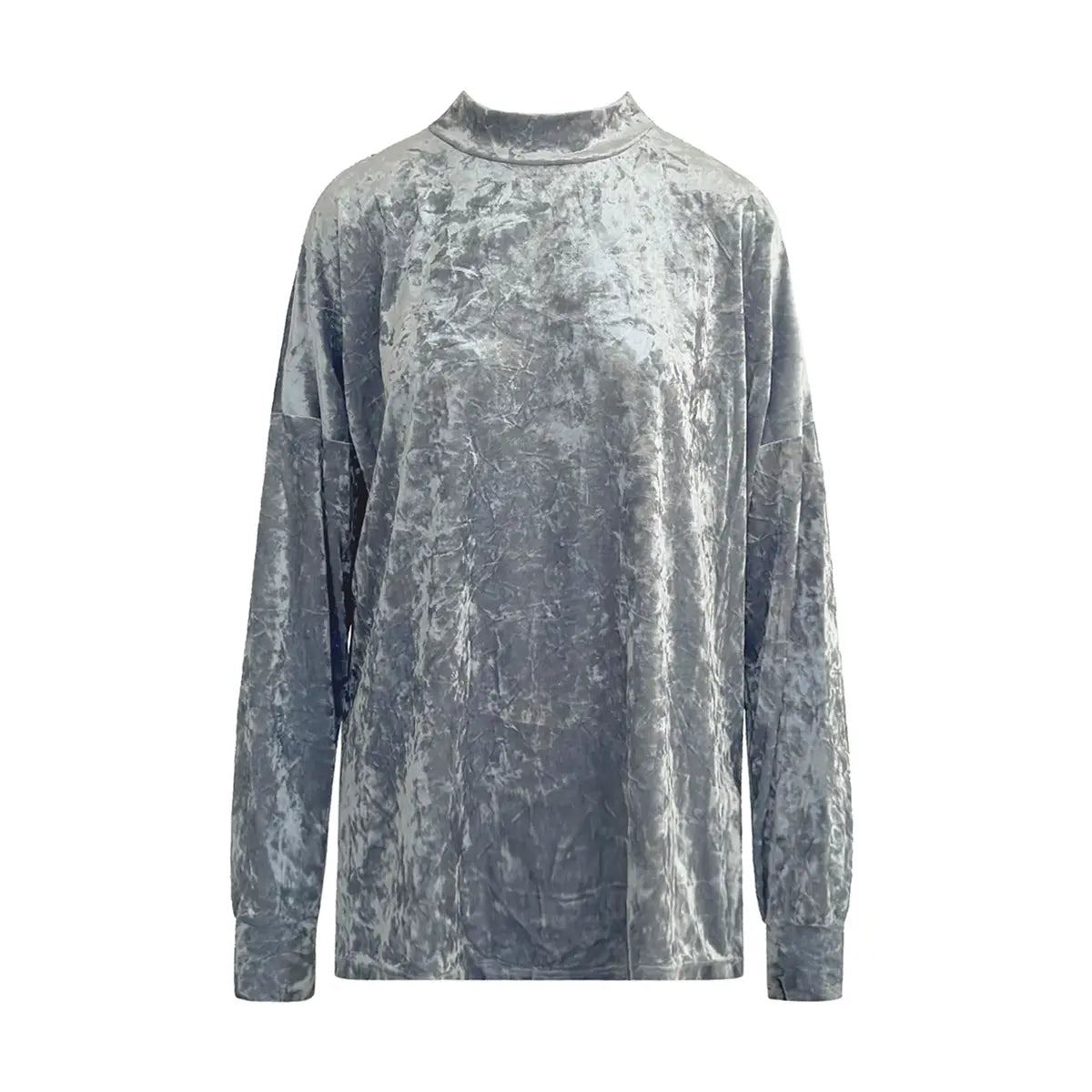 Felpa over FLORENCE di Alessandra Gallo in ciniglia martellata azzurra con collo alto e maniche lunghe - vista frontale - Day&Night Collection