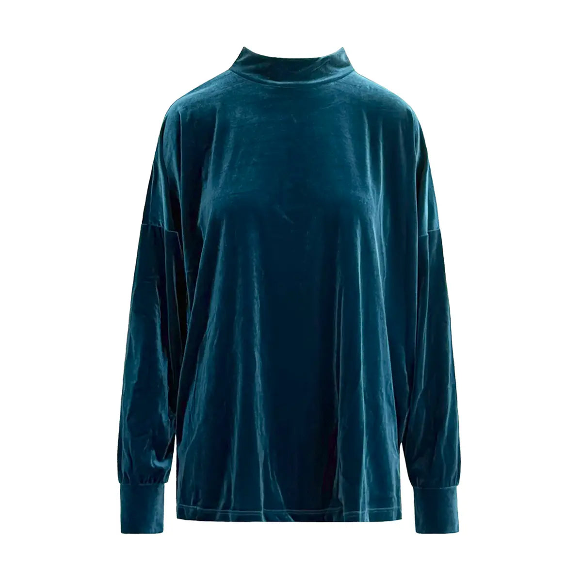 Felpa over FLORENCE di Alessandra Gallo in ciniglia ottanio con collo alto e maniche lunghe - vista frontale - Day&Night Collection