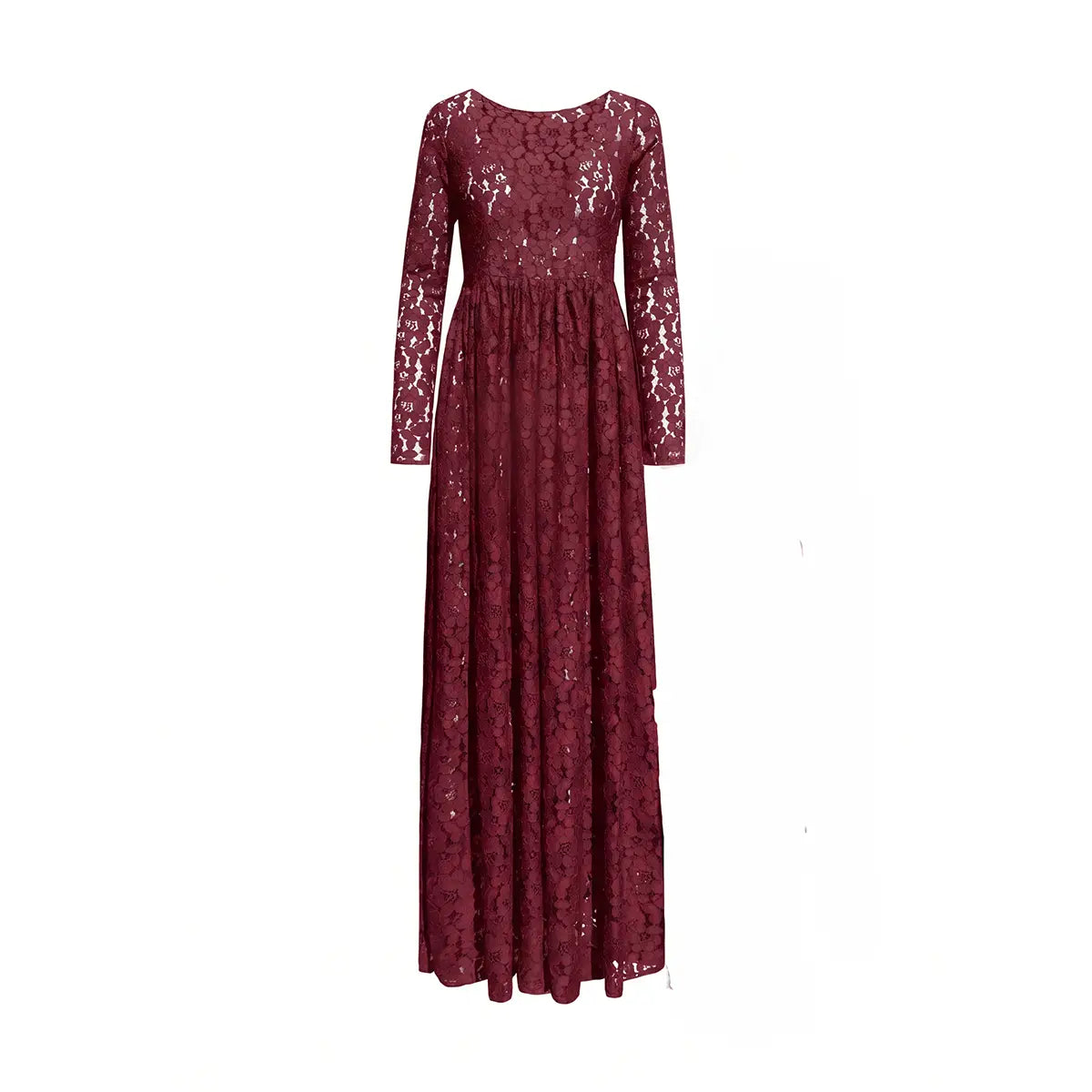 GABRIELLA, abito lungo in pizzo bordeaux con maniche lunghe e gonna ampia.