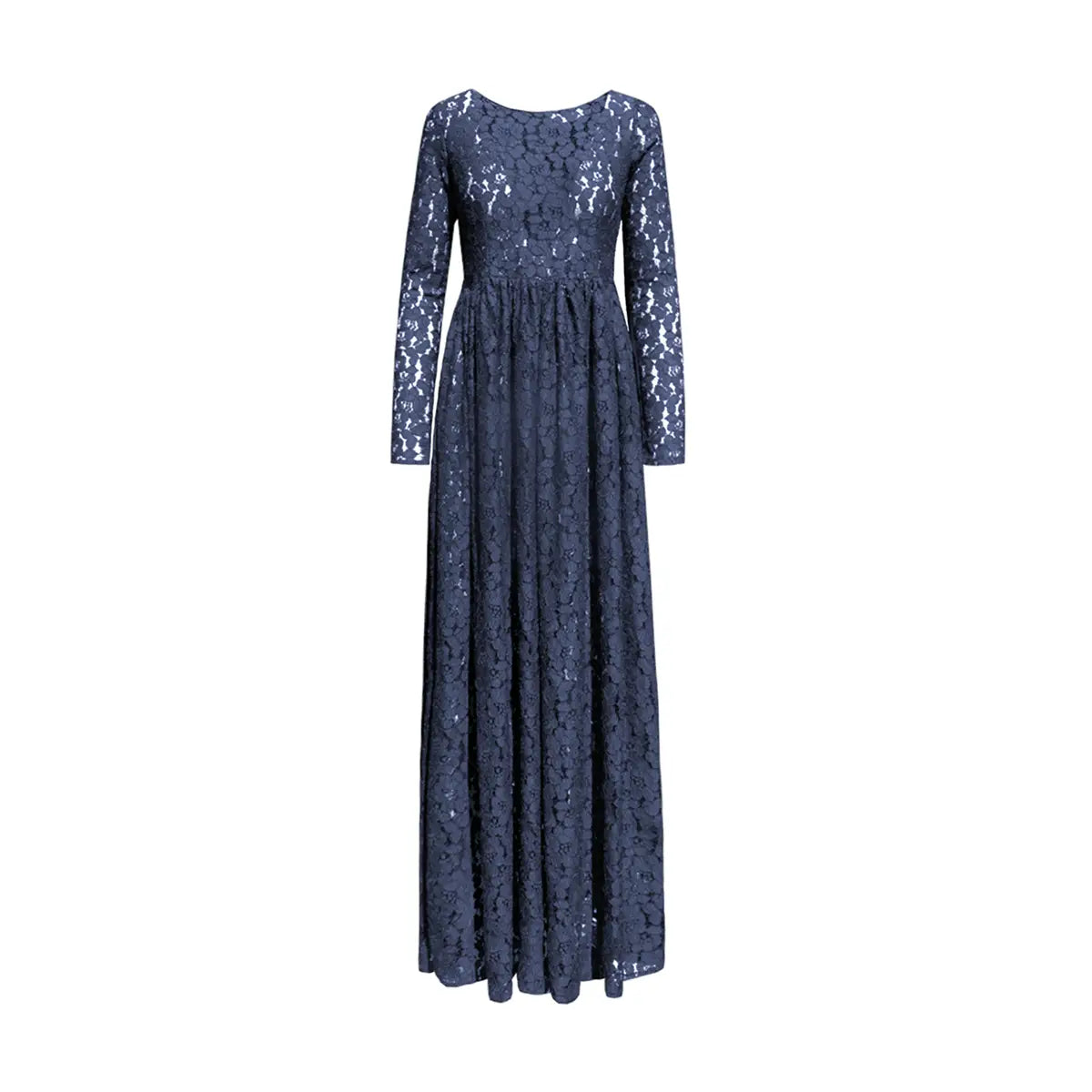 Abito lungo a impero GABRIELLA di Alessandra Gallo in pizzo blu con scollo rotondo e maniche lunghe - vista frontale - The Dreamy Collection