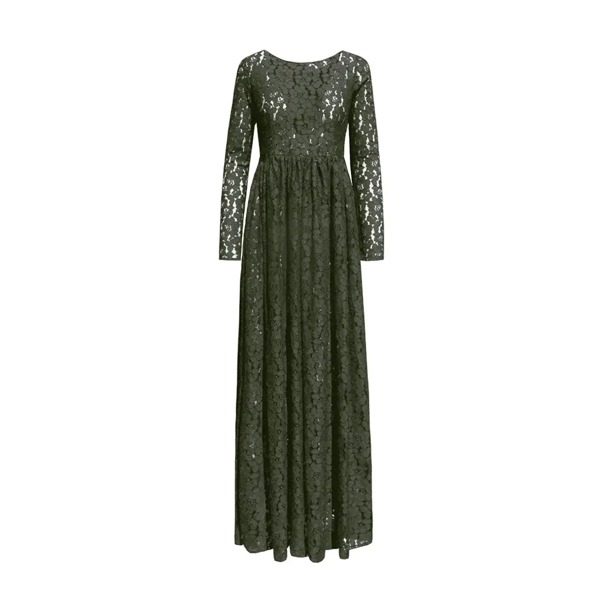 Abito lungo a impero GABRIELLA di Alessandra Gallo in pizzo verde con girocollo e maniche lunghe - vista frontale - The Dreamy Collection