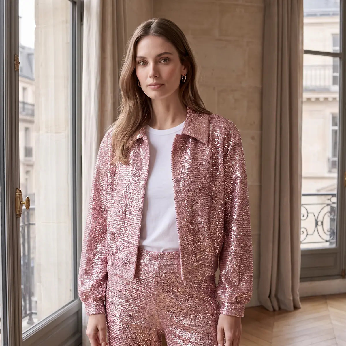 Giacca corta donna in paillettes rosa DAFNE con colletto indossata da modella – Alessandra Gallo
