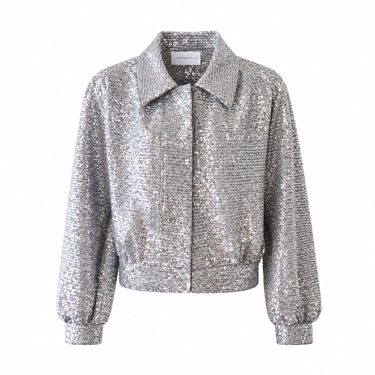 DAFNE, giacca corta in paillettes argento.