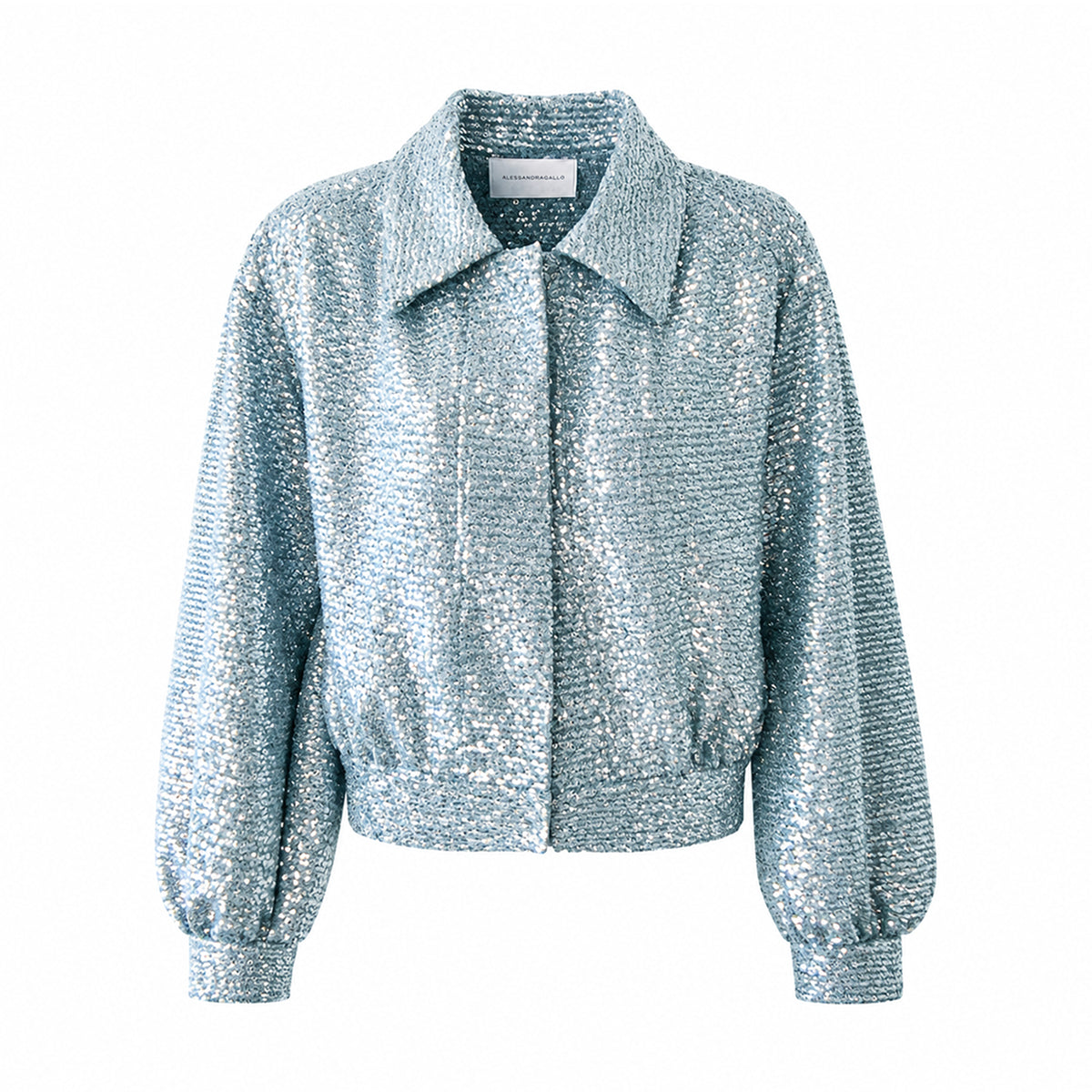 DAFNE, giacca corta in paillettes azzurre.