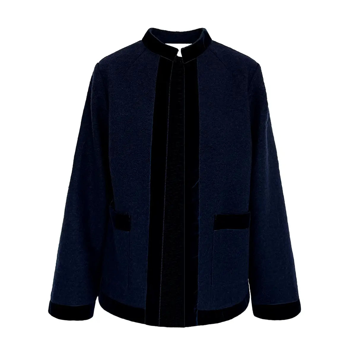 Giacca da donna in lana cotta blu PRISCILLA con bordi in velluto blu e tasche – Alessandra Gallo
