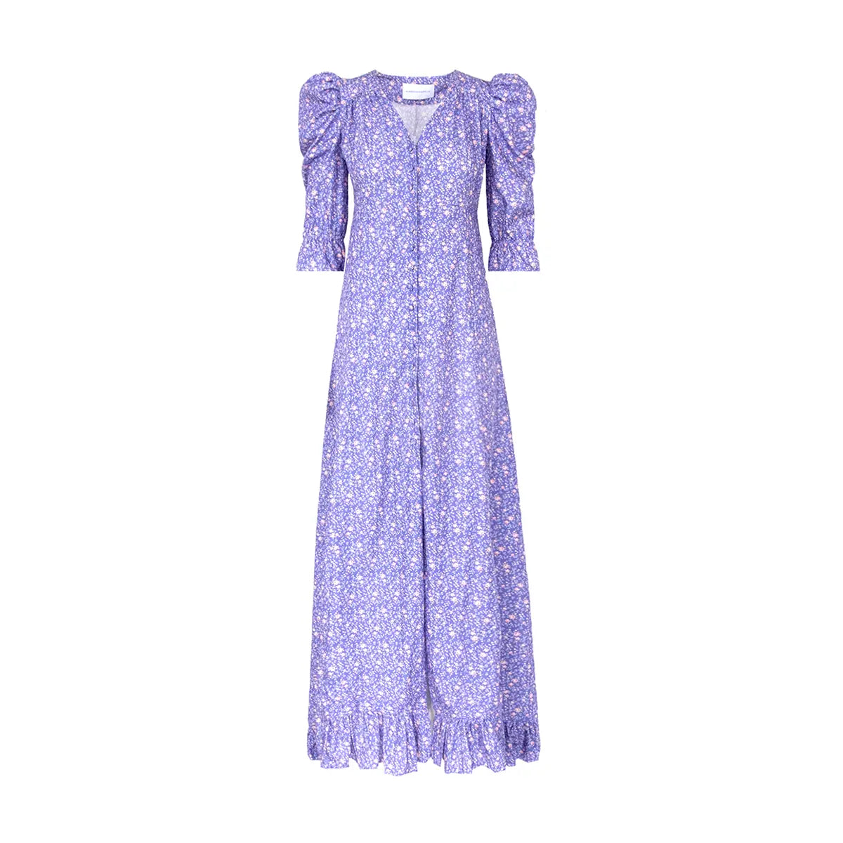 Abito lungo GIGLIO di Alessandra Gallo con scollo a V, bottoni foderati centrali, maniche a 3/4 a sbuffo e volant in cotone  fantasia Versailles -  Made in Italy - Printemps Collection - vista frontale