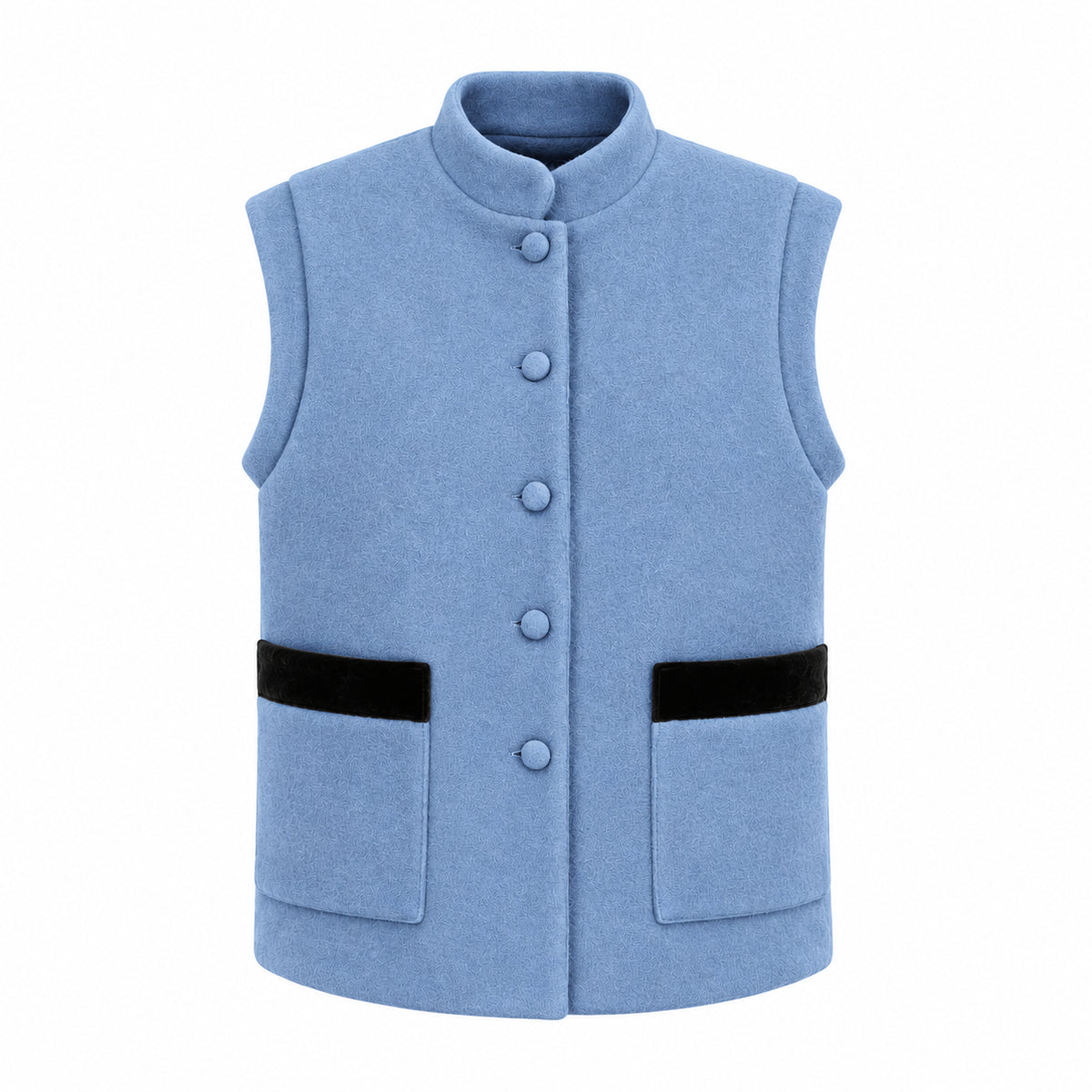 GILDA, gilet in lana cotta azzurro con profili in velluto nero, bottoni frontali e tasche.