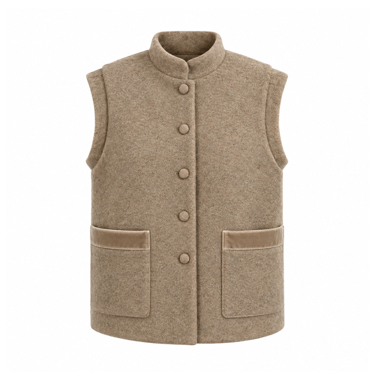 GILDA, gilet in lana cotta beige con profili in velluto tono su tono, bottoni frontali e tasche.