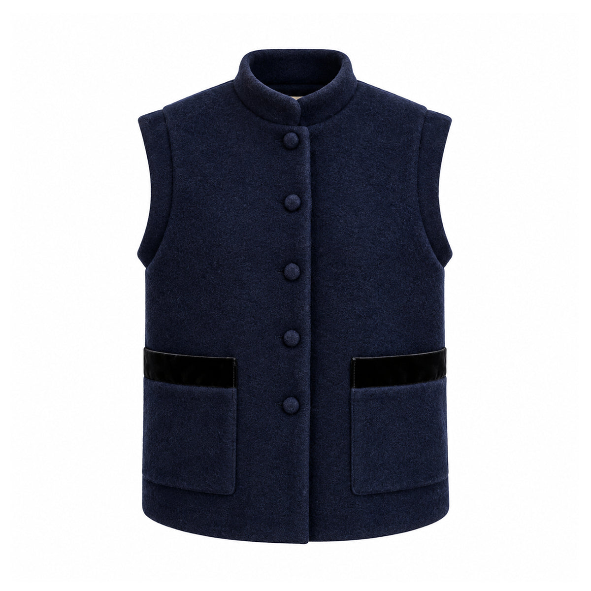 GILDA, gilet in lana cotta blu con profili in velluto tono su tono, bottoni frontali e tasche.