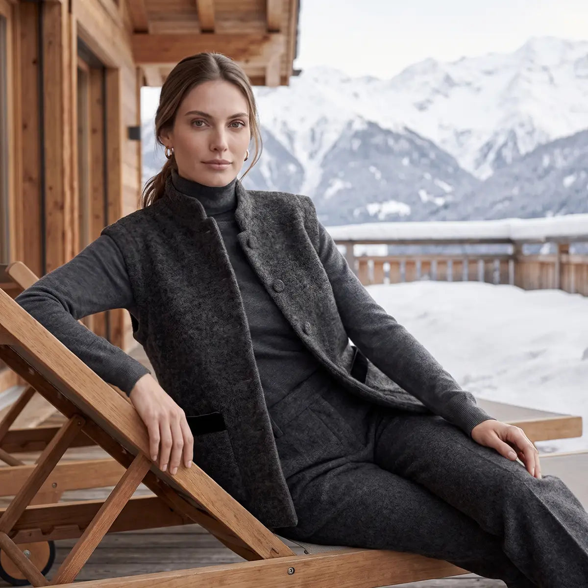 GILDA, gilet in lana cotta grigio con profili in velluto tono su tono, bottoni frontali e tasche, su modella.
