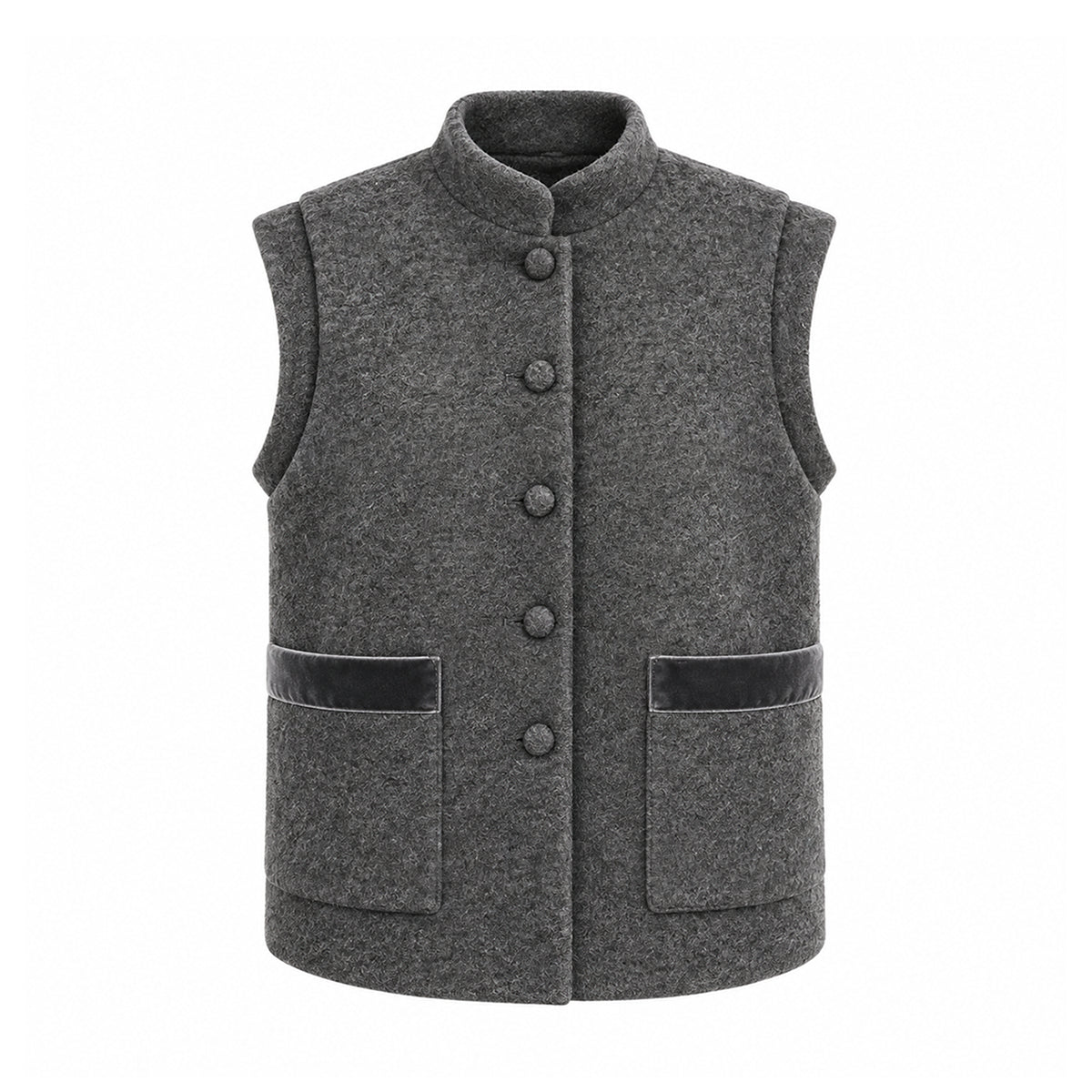 GILDA, gilet in lana cotta grigio con profili in velluto tono su tono, bottoni frontali e tasche.