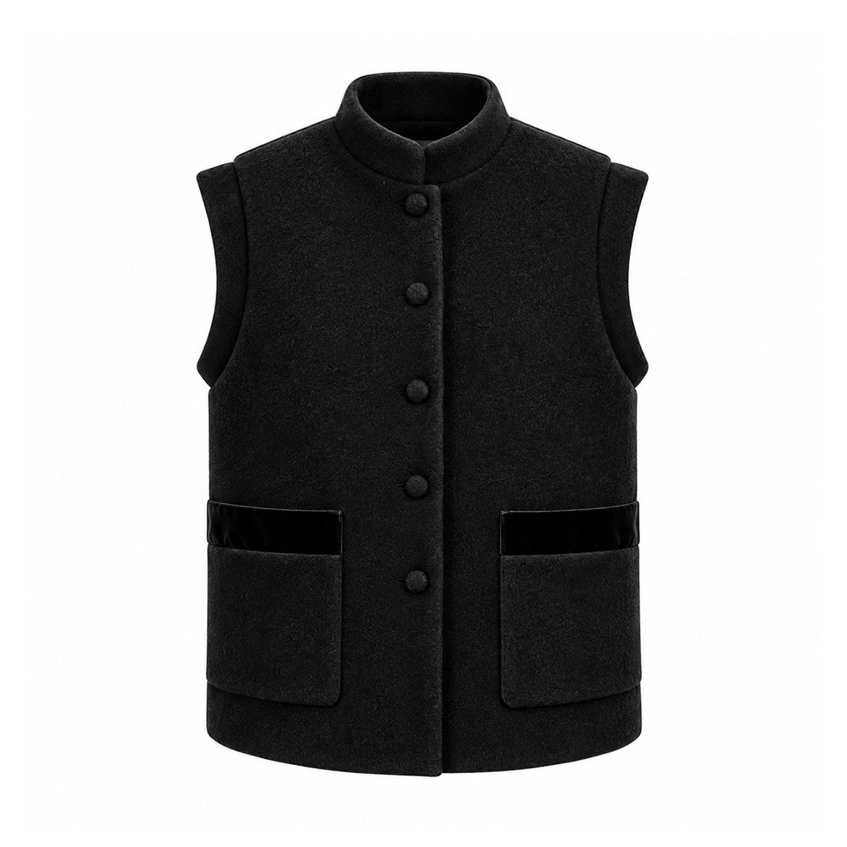 GILDA, gilet in lana cotta nero con profili in velluto tono su tono, bottoni frontali e tasche.