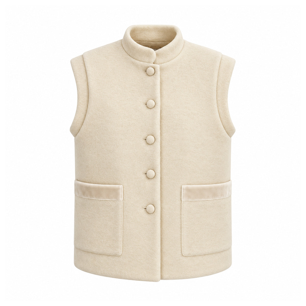 GILDA, gilet in lana cotta panna con profili in velluto tono su tono, bottoni frontali e tasche.
