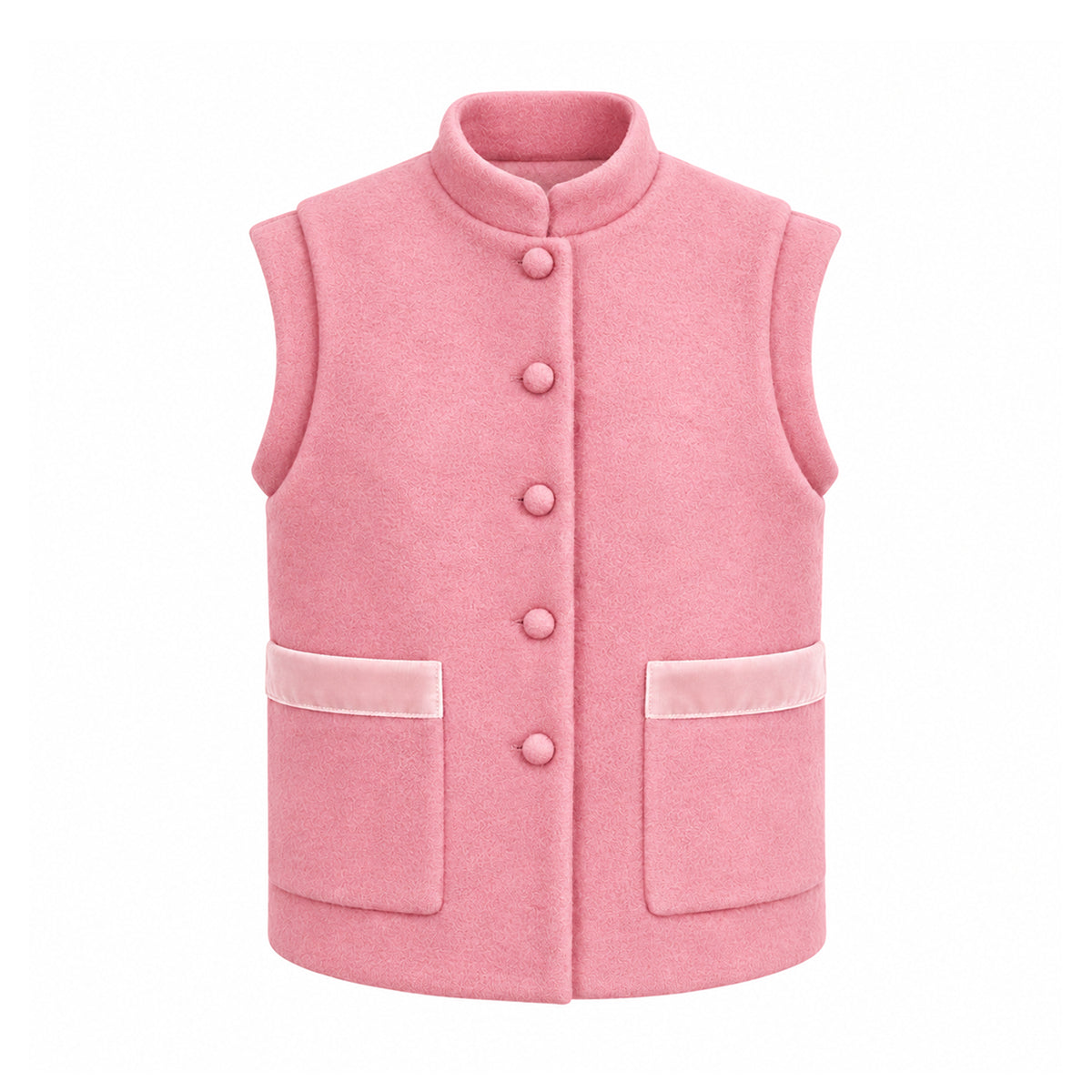 GILDA, gilet in lana cotta rosa con profili in velluto tono su tono, bottoni frontali e tasche.