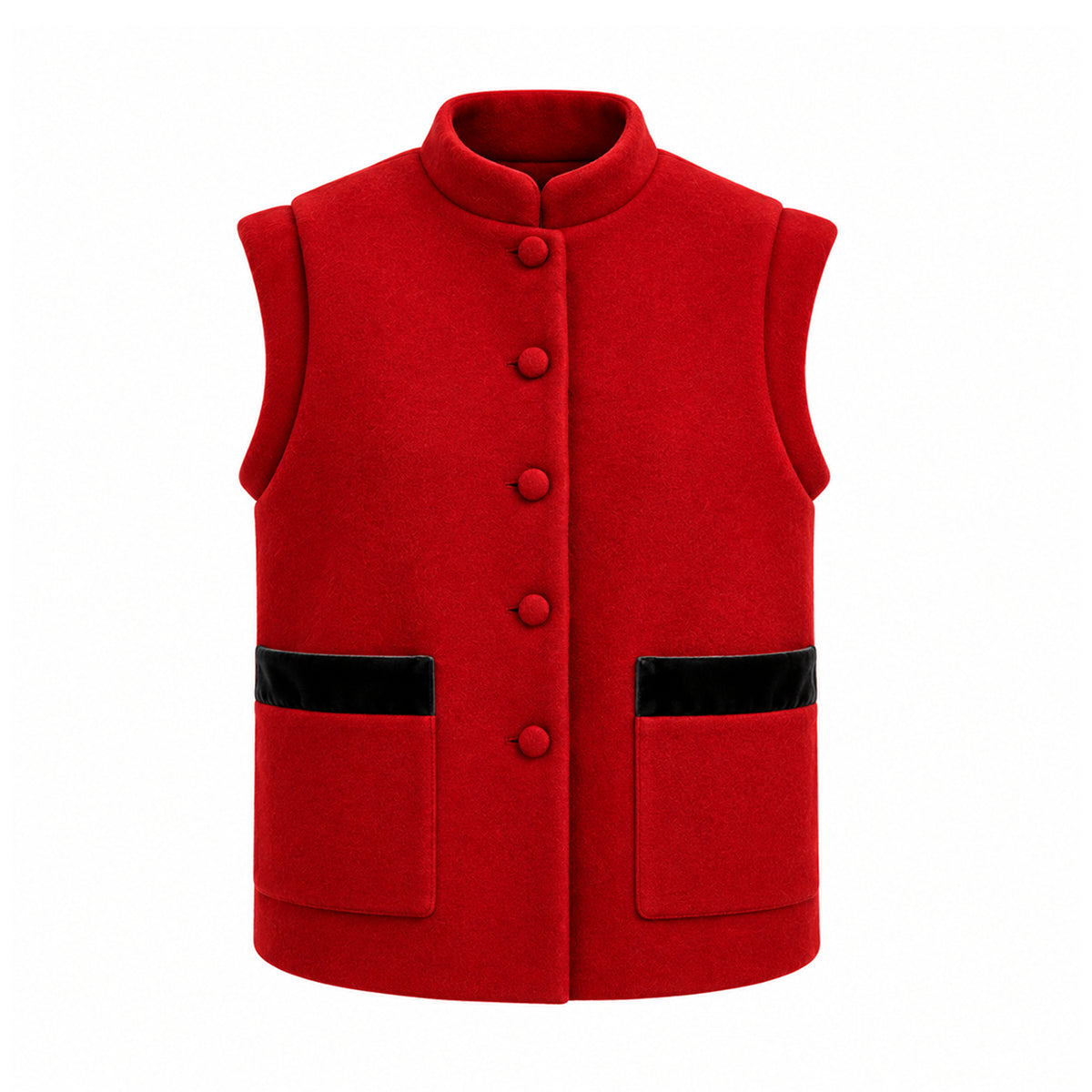 GILDA, gilet in lana cotta rosso con profili in velluto neri, bottoni frontali e tasche.