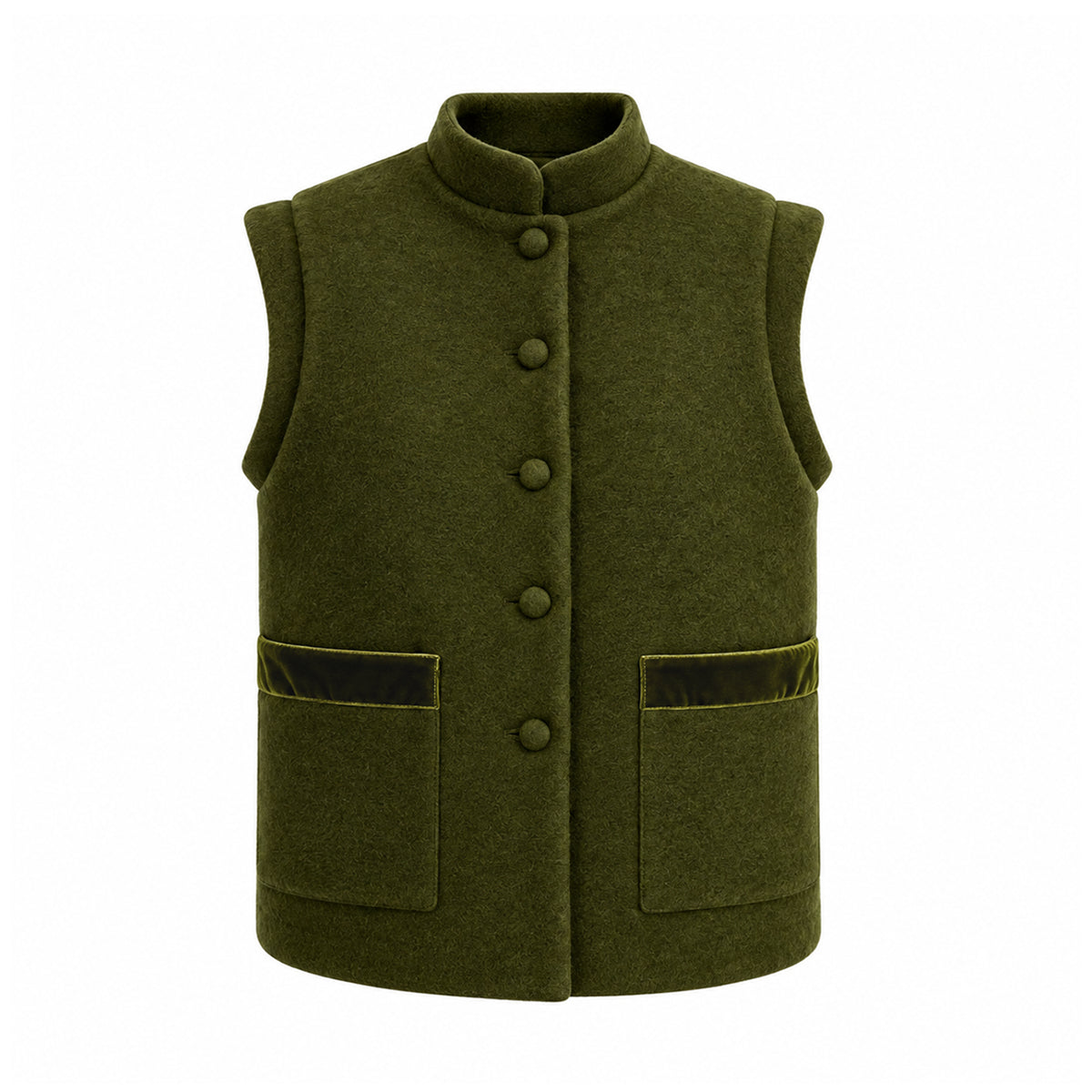 GILDA, gilet in lana cotta verde muschio con profili in velluto tono su tono, bottoni frontali e tasche.