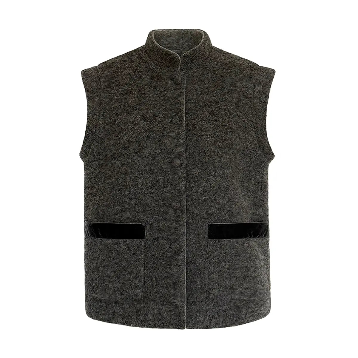 Gilet da donna in lana cotta grigio GILDA con tasche e bordi in velluto grigio – Alessandra Gallo
