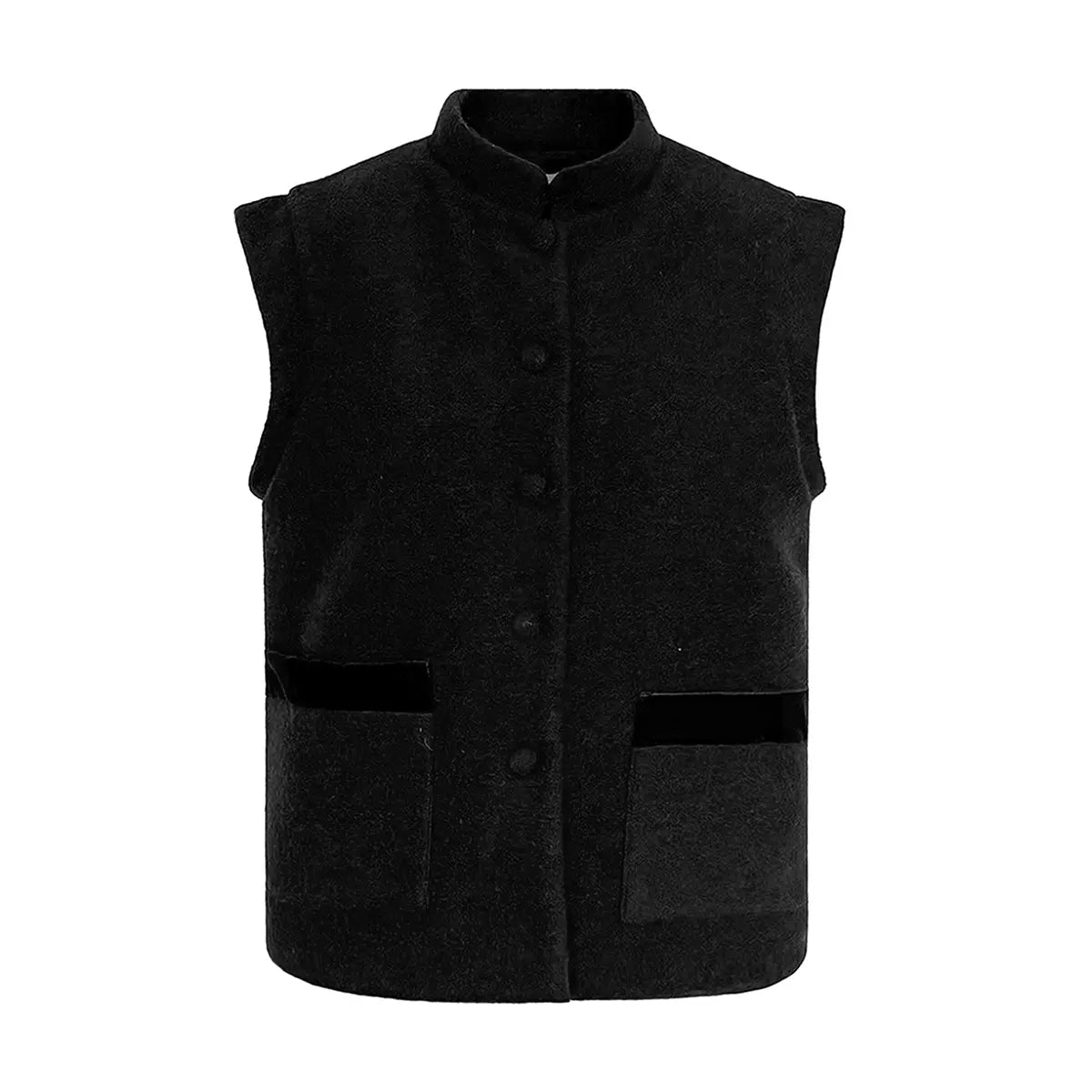 Gilet da donna in lana cotta nero GILDA con tasche e bordi in velluto nero – Alessandra Gallo