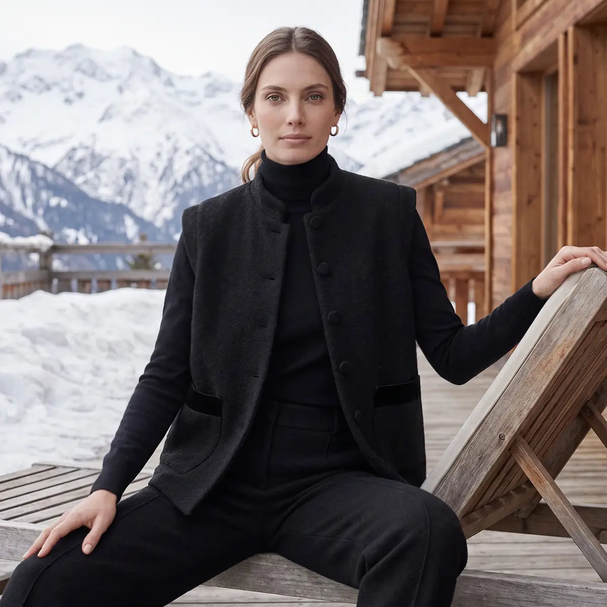 Gilet da donna in lana cotta nera GILDA con dettagli in velluto nero indossato da modella – Alessandra Gallo
