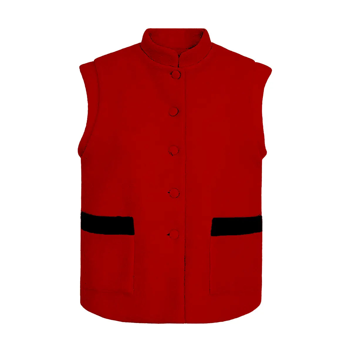 Gilet da donna in lana cotta rossa GILDA con tasche e bordi in velluto nero – Alessandra Gallo
