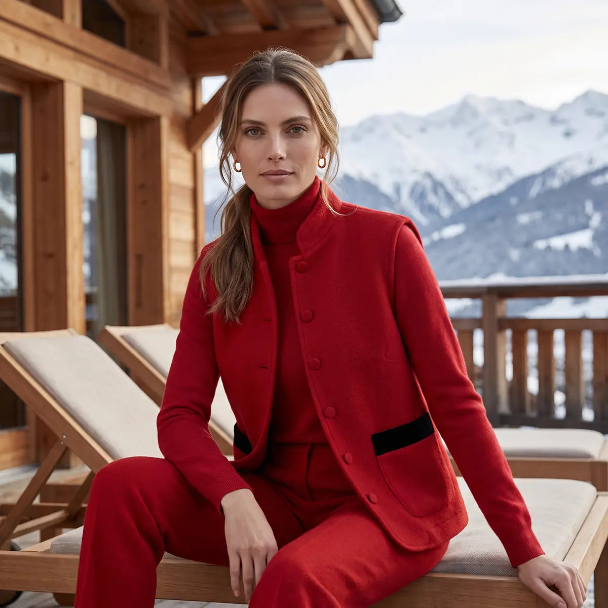 Gilet da donna in lana cotta rossa GILDA con dettagli in velluto nero indossato da modella – Alessandra Gallo
