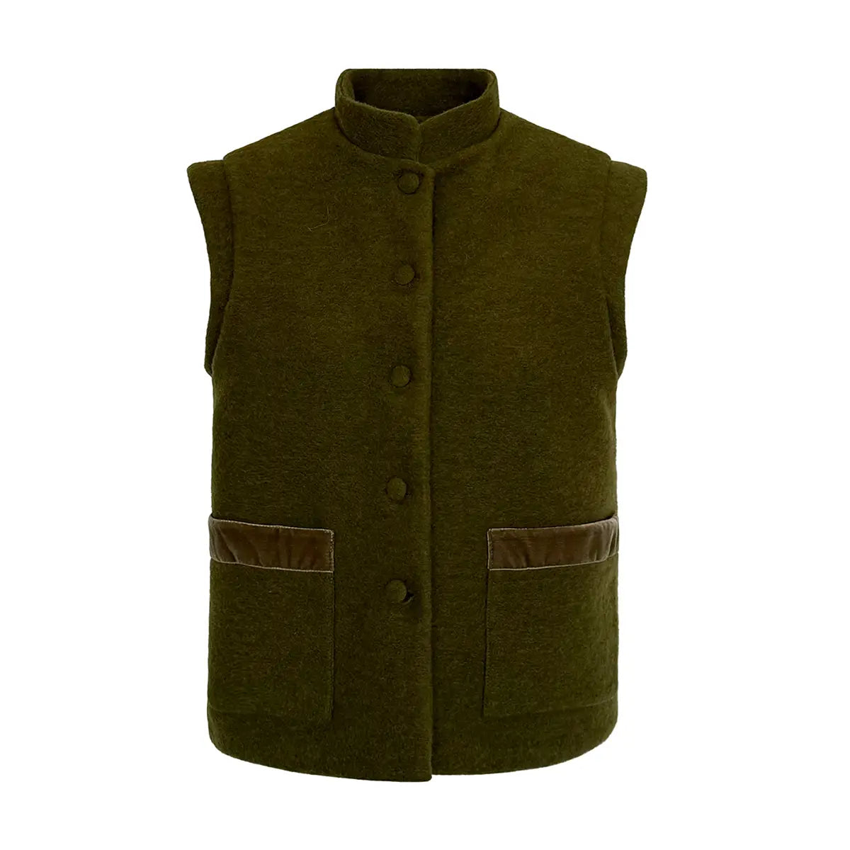 Gilet da donna in lana cotta verde GILDA con tasche e bordi in velluto verde – Alessandra Gallo