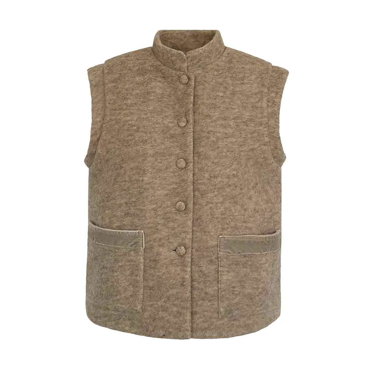 gilet GILDA di Alessandra Gallo in lana cotta beige con bottoni rivestiti, collo alla coreana, bordi in velluto sulle tasche applicate - vista frontale - The Wool collection